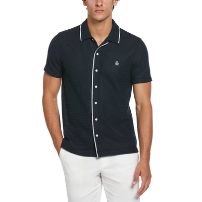 Button Front Textured Earl Polo Shirt (Dark Sapphire) 