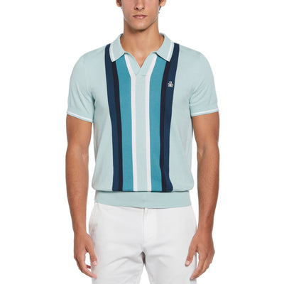 Vertical Stripe Johnny Collar Sweater Polo Shirt (Blue Haze) 